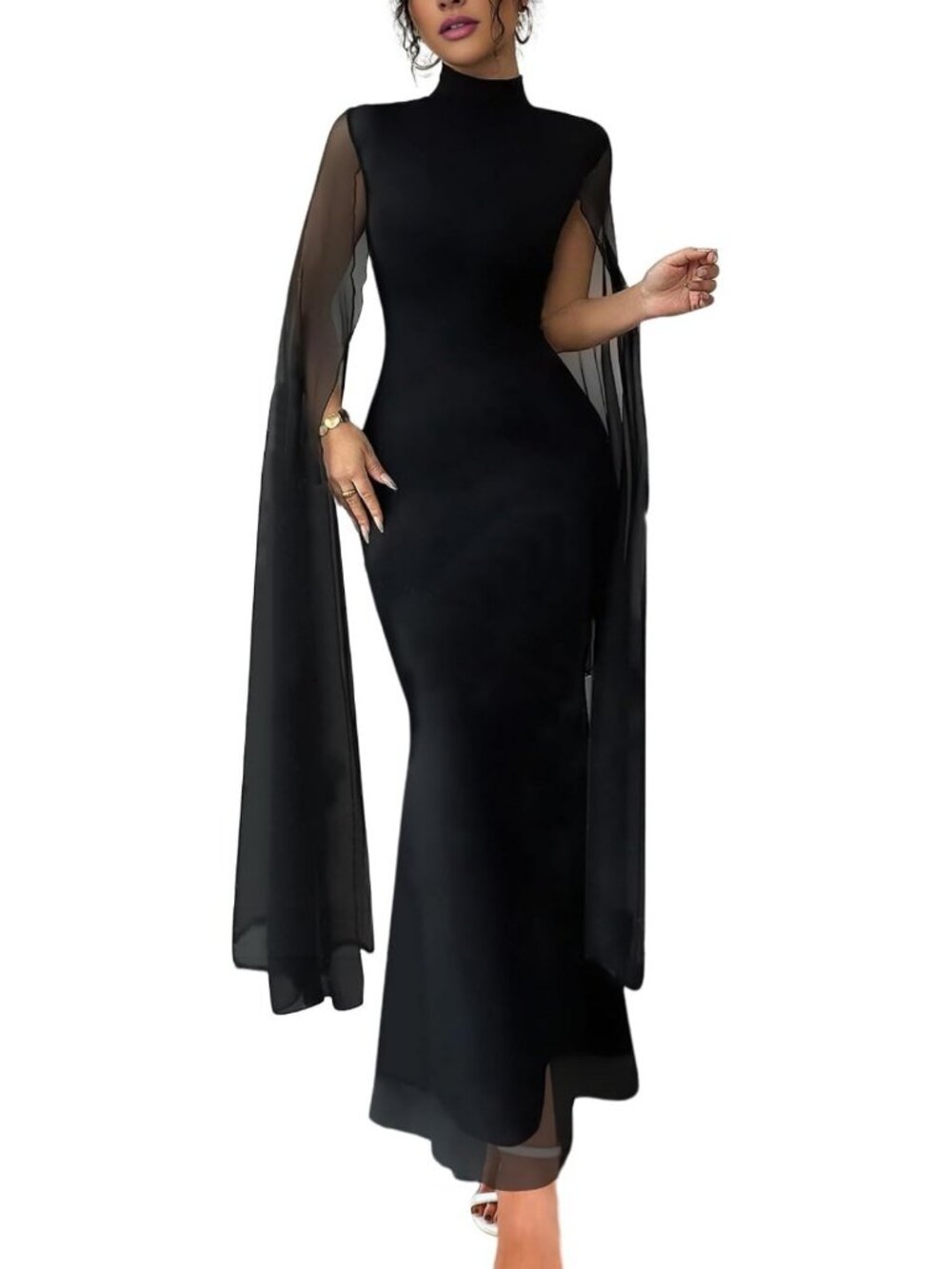 Elegant Mock Neck Bodycon Maxi Dress with Cape | Formal Evening Gown for